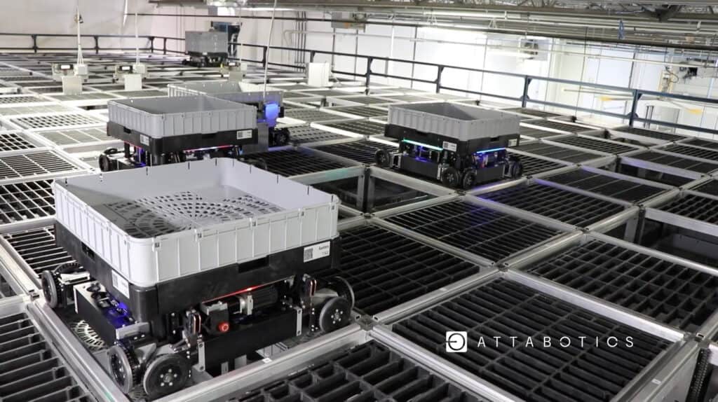 One Family, Many Solutions: Inside the LEI Solution Network 3 Attabotics storage robots carrying totes across the top grid of the Attabotics cube storage structure